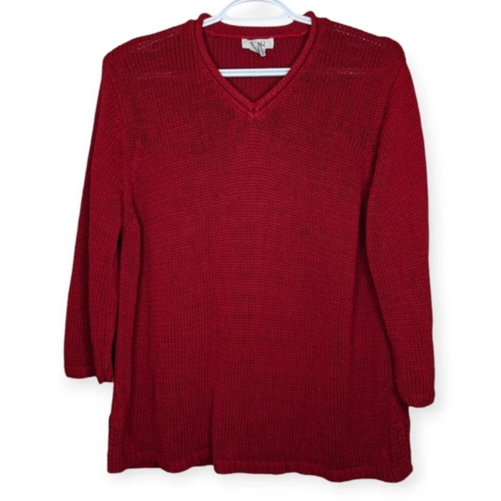 Vintage Northern Reflections Red  Knit 3 4 Sleeve V Neck Sweater Top Women Large